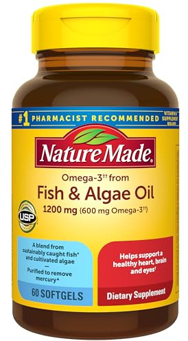 Nature Made Omega 3 Fish Oil and Algae Oil Supplements, 1200mg, Algae Oil & Fish Oil Blend, Omega 3 Supplement for Heart, Brain and Eyes Support, One Per Day, 60 Softgels
