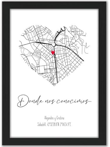 Regalo Personalizado para Parejas o Amistades | Póster con Coordenadas y Mapa en forma de Corazón | Ideal para Aniversario Novio o Novia, Mujer o Hombre | Cuadro decorativo pared para Él o Ella