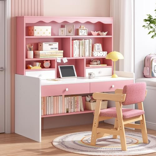 Escritorio de madera para computadora con almacenamiento, escritorio de oficina en casa con cajones y estantes, mesa de estudio para PC, portátil, estación de trabajo y juegos