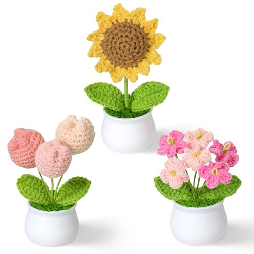 Weldomcor 3Pcs Crochet Flowers, Handmade Crochet Sunflower Set Cute Stuff Emotional Support Gift Funny Dashboard Accessories Desk Decor Get Well Soon Thank You Gifts for Women