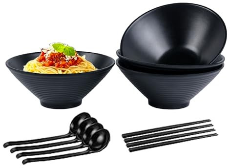 Ramen Bol en mélamine 4 pièces ensemble de vaisselle japonaise 1,18 L, Ensemble de bols à ramen noirs 20 cm vaisselle en mélamine durable bol à nouilles, grande capacité bol à pâtes idéal pour salade
