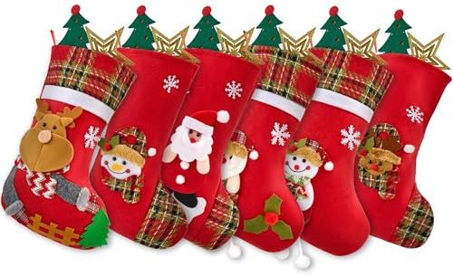 JOYIN 6 Stück Weihnachts-Aufbewahrungsbeutel, Weihnachtsstrumpf-Dekoration, Weihnachtsstrümpfe mit Figuren, Weihnachtsmann, Schneemann, Rentier, lustige Kinder