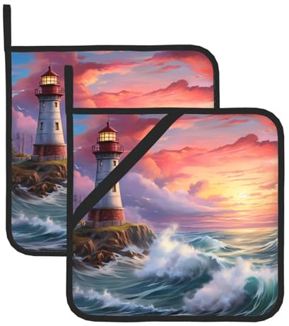 HJFCZH Lighthouse Diamond Painting Prints Pot Holders Sets of 2 Thick and Durable for Lifting lids in The Kitchen, Removing Bowls and Plates from microwaves and ovens