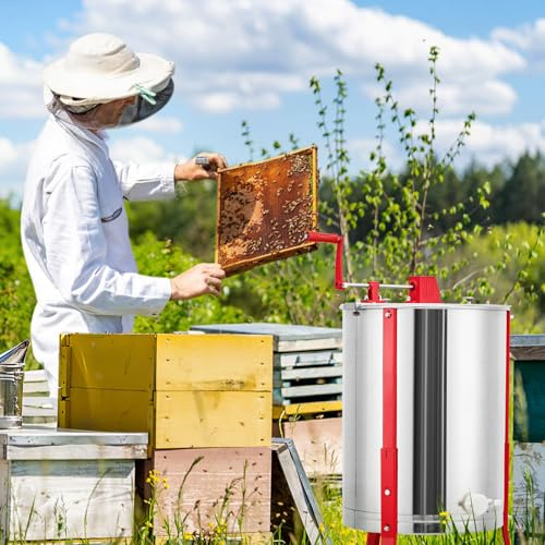 GAOMON 4 Frame Manual Honey Extractor, Stainless Steel Manual Beekeeping Extraction, Honeycomb Drum Spinner with Transparent Lid, Apiary Centrifuge Equipment with Height Adjustable Legs for Beekeepers