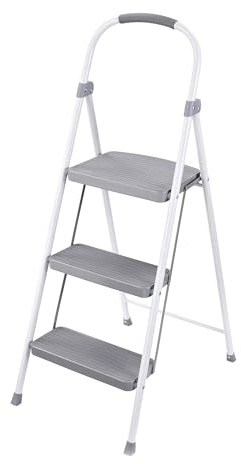 Rubbermaid 3 Step Folding Ladder, Steel Foldable Step Stool with Hand Grip, White