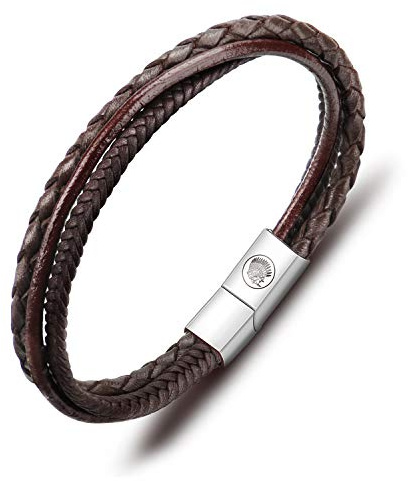 Casisto.J Bracelet Homme - Bracelet Cuir Homme Manchette tressé à la Main Classique Noir et Brun avec Fermoir magnétique gravé Cadeau Bijoux Gratuit en boîte
