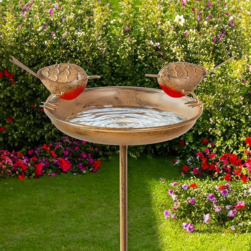 Garden Mile Metal Bird Bath with Stake – 81cm Standing Garden Bird Bath & Feeder, Decorative Outdoor Bird Water Bowl with Robin Ornament, Weatherproof Metal Bird Bath for Garden Birds