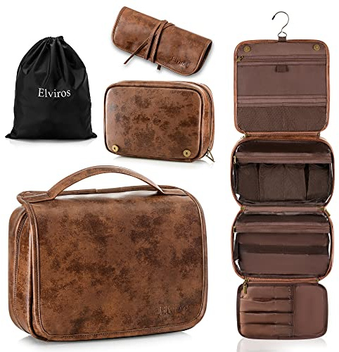 Elviros Borsa Toilette Uomo 3 in 1 Impermeabile con Scomparti PVC - Borsa da Viaggio per Uomo con Organizer Modulare, 28x22x10cm per Palestra, Business, Viaggi Lunghi (Marrone scuro)
