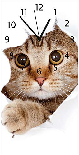 Wallario Design-Wanduhr Katze mit Blick nach vorn aus Glas, Motiv-Uhr Größe 30 x 60 cm, Schwarze Zeiger