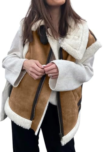 loveimgs Women's Winter Warm Suede Sherpa Leather Vest Jacket Zip Up Sleeveless Lambwool Fur Coat with Pockets (Large, Brown)