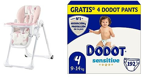 kk Kinderkraft YUMMY Trona bebé Ajustable, Trona portatil, Plegable & Dodot Pañales Bebé Sensitive Talla 4 (9-14 kg), 192 Pañales, Óptima Protección de la Piel