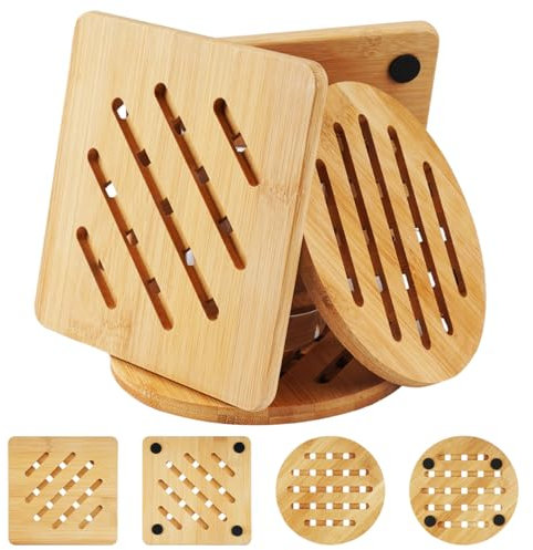 HIKPACKER 4-teiliges Bambus Topfuntersetzer-Set - Rutschfest und Hitzebeständig für Töpfe, Pfannen, Schüsseln und mehr