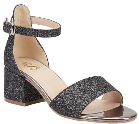 SIRRI Girls Ankle-Strap Platin Shoes, Block Heels Sandals with Glitter for Special Occasion UK Size Youth 3