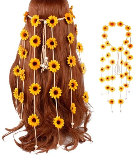 HZAOPZE Bandeau de TêTe Tournesol RéGlable, Couronne de Marguerites, Corde à Cheveux, BohéMien, Convient à La Plage, à La FêTe, à La DéCoration de Mariage, Jaune, Couvre-Chefs pour séances Photo
