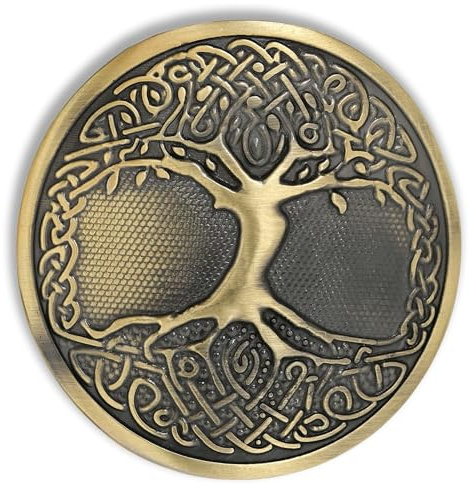 Kilt Emporium livets träd keltiskt kilt bältesspänne – rund mässingsdesign, Livets träd-antik mässing, 3.75 x 2.75