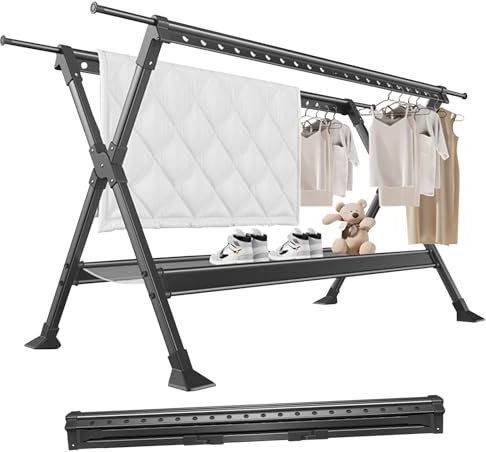 Groyells Stendibiancheria allungabile, in alluminio, per campeggio, pieghevole, appendiabiti regolabile, per lavanderia, camera da letto, stendibiancheria da letto, balcone, nero