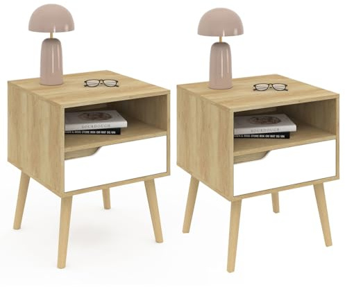 IDMarket - Lot de 2 Tables de Chevet Helsinki scandinaves 1 tiroir avec Niche Effet hêtre et Blanc