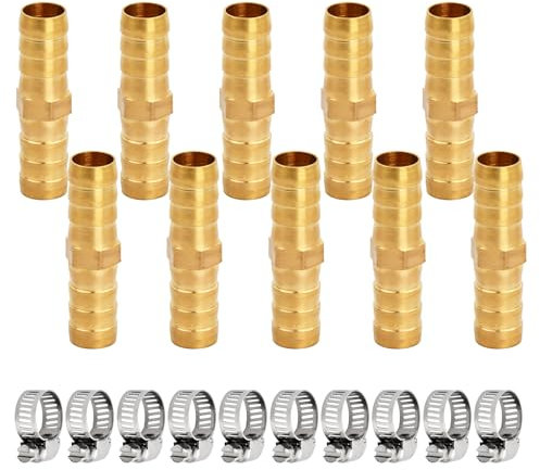 5 pièces Connecteur de Tuyau en Laiton de 10mm, Raccords de Tuyau Laiton avec 5 Pinces Raccord de Durite Droit 2 Voies, Connecteur Cannelé pour Conduite d'air, Conduite d'eau, Conduite de Carburant