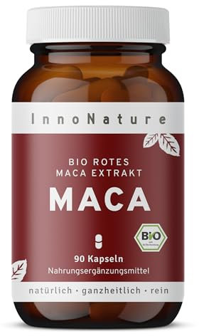 InnoNature Bio rotes Maca-Extrakt Kapseln | Rotes Maca aus rein natürlichen Inhaltsstoffen | 90 Kapseln, 450 mg Extrkt pro Kapsel | glutenfrei, vegan, ohne Zusätze