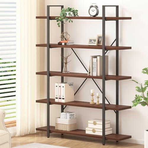 Mudmasa Bücherregal Walnuss, Holz Regal, Standregal, Büroregal, 5 Ebenen offene Fächer Bücherregal für Wohnzimmer, Schlafzimmer, Büro, Metallrahmen, Modern, 32 x 120 x 177 cm