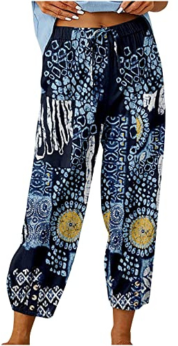 Pantalon Femme Taille Elastique Été Coton Lin Ample Pantalon Léger Cordon Pantacourt Décontracté à Jambes 7/8 Longueur Confortable Respirant Pants avec Pochette Sport Jogging Plage Yoga