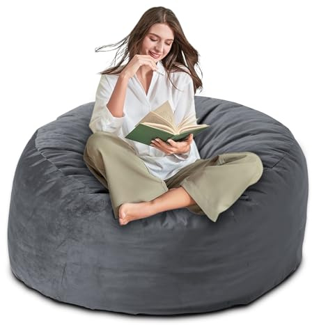 Yagamo 5FT Bean Bag Chair for Adults/Kids, Large Bean Bag with Filling, Memory Foam Bean Bags with Ultra Soft Washable Velvet Cover, Plush Sofa for Living Room, Bedroom and Gaming Room -5 Foot, Grey