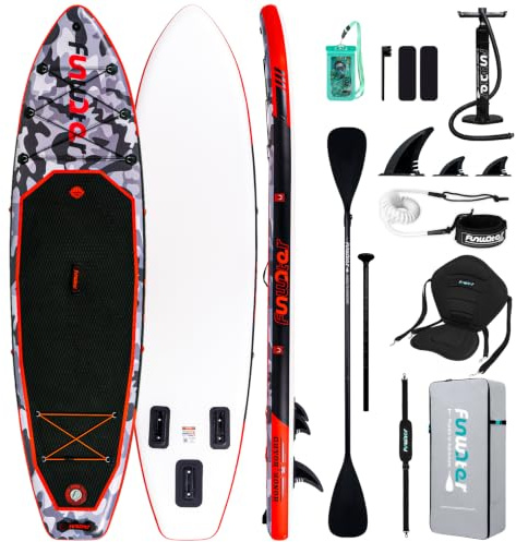 FunWater 330 cm Stand Up paddling Board uppblåsbar – komplett set med paddel, ryggsäck, mobilskal, 3 fenor, pump, säte och axelrem – SUP-bräda för nybörjare och avancerade