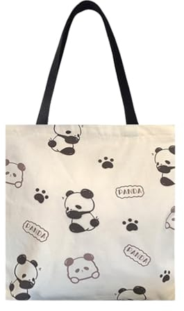 DLPRK Bolsa de Tela para Mujer Tote Bag de Lona Aesthetic con Diseño de Panda en Algodón Reutilizable con Cremallera y Bolsillos (Panda)