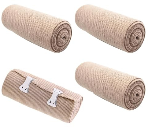 4-Pack Elastic Compression Bandages with Hook-and-Loop Closures for Joint Support and Injury Recovery, Washable & Reusable, 10cm Width, 1.7m Length