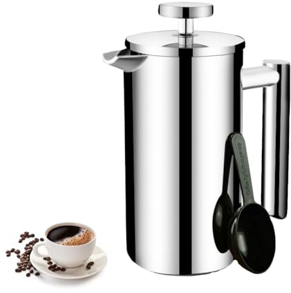 LoveFirst Caffettiera a Pistone in Acciaio Inossidabile 1000 ml, Caffettiera French Press, Caffettiera Francese con Triplo filtro in Doppio Acciaio Inox per Casa, Viaggio, Campeggio, Argento