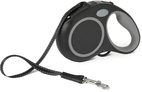 Amazon Basics Reflective Retractable Dog Lead, 5m Tape Length for Dogs Up to 15kg, Non-Slip Comfort Grip, Quick-Lock, Small