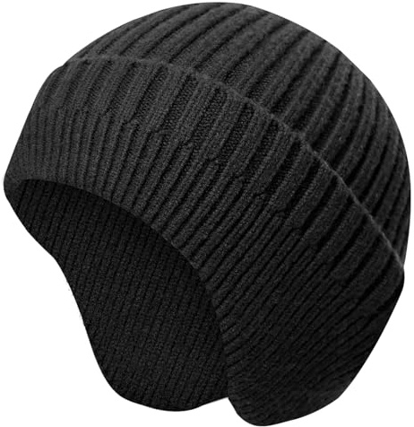 DIELIANHUA Stickad vintermössa med öronskydd för män och kvinnor, varm mössa i ull för cykling, skidåkning, snö, vandring, camping, bergsklättring, svart, One size