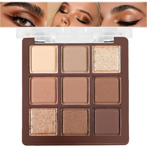Brown Eyeshadow Palette, 9-Color Matte & Shimmer Neutral Eye Shadow Pallets for Women, Highly Pigmented Natural Nude Gold Makeup Palette for Bronzer & Contour