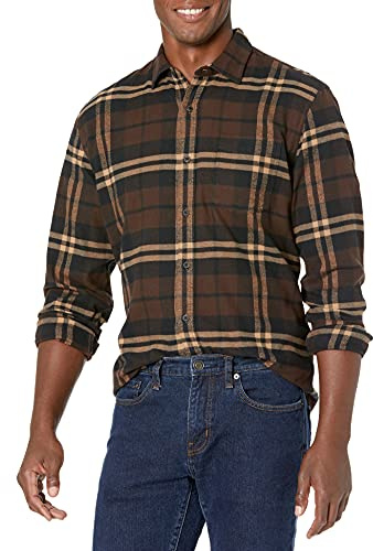 Amazon Essentials Camicia in flanella a maniche lunghe Uomo, Marrone Scuro Motivo Scozzese, XL