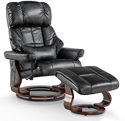 MCombo Manual Swivel Recliner with Ottoman, Reclining Chair with Vibration Massage for Small Spaces, Living Room, Office, Faux Leather 9068 (Black)