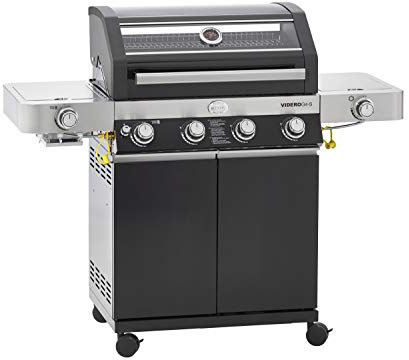 RÖSLE VIDERO G4-S Vario+ - Barbacoa de gas en color negro, 30 mbar, con 4 quemadores de acero inoxidable, zona de preparación adicional y quemador en el lateral, acero con recubrimiento de polvo