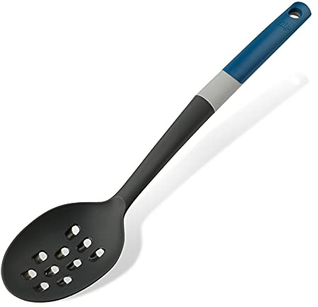 Tasty Serving Spoon with Grater, Non-Stick Cooking Spoon, Spoon Ladle with Soft Grip Handle, Stirring Spoon, Non-Scratch Kitchen Utensil, Dimensions, 34 x 7 cm, Colours, Dark Blue, Grey