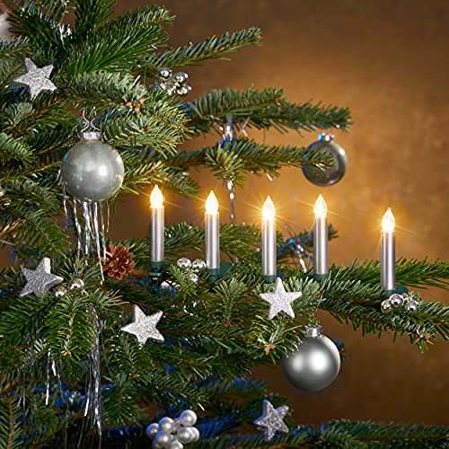 Bougies LED pour sapin de Noël avec télécommande - Kit complet - Bougies LED sans flamme - Alternative parfaite à la guirlande lumineuse (lot de 12) - Argentées