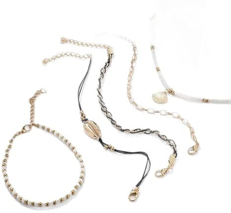 WSZJLN Mehrlagiges Gold-Muschel-Anhänger-Ketten-Fußkettchen am Bein Boho-Perlen-Korn-Fußkettchen für Frauen-Sommer-Strand-Fuß-Schmuck