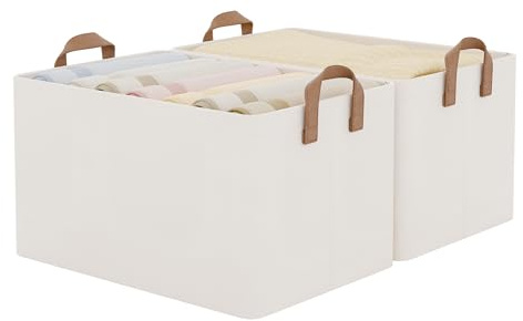 StorageWorks Shelf Storage Boxes, Extra Large Storage Baskets with Metal Frame, Wardrobe Storage Organiser for Shelves, Fabric Organiser Box, Bedroom Clothing Boxes with Handles, Beige, 2-Pack