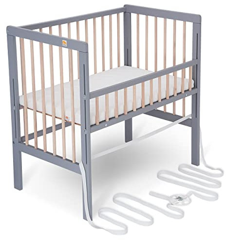 FabiMax Baby Beistellbett für Boxspringbett, TÜV geprüft 2022, Buche massiv grau/Natur, inkl. Matratze Classic