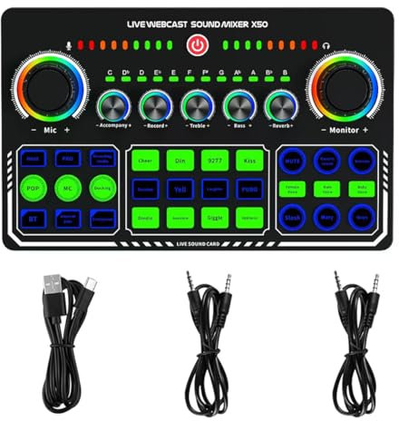 X50 - Tarjeta de sonido en vivo con 12 efectos de calentamiento, silencio con un solo toque, mezclador de DJ para transmisión en vivo y grabación de PC
