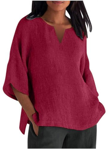 Uwdiohq Blusa Elegante Taglie Forti Camicia Casual da Donna con Maniche a 7 Quarti e Scollo a V, Tinta Unita, Ampia, Maglietta Magliette Palestra Bluse Eleganti Donna Cerimonia