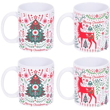 YöL Set Of 4 Scandi Christmas Mugs White And Red Party Xmas Mug Set Home Reindeer And Xmas Tree Festive Gift