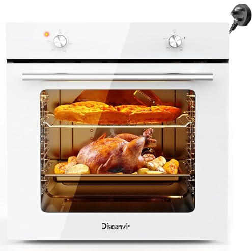 Electric Oven 65L, Built in Oven 60cm, 4 Functions Single Oven 2200W Knob Control with 3D Hot Air Baking, Heat Protection Glazing, Convection, White