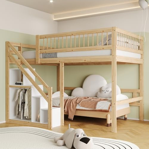 Etagenbett 140x200, Kinderbett Hochbett mit Treppe und Aufbewahrungsschrank, Funktionsbett Doppelbett Stockbett Spielbett Kinderhochbett Jugendbett mit Lattenrost, Massivholz, Ohne Matratze,Holzfarbe