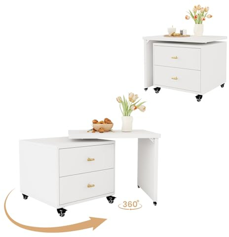 VOWNER Ausziehbarer Couchtisch, Drehbarer Wohnzimmertisch mit 2 Schubladen, Beistelltisch mit 6 Rollen, Quadratischer Kaffeetisch für Wohnzimmer, Balkon und Büro, Weiß