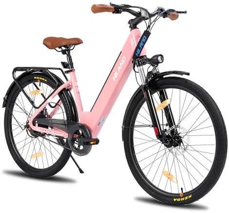 Hiland 26 Zoll Elektrofahrrad für Männer Frauen, 250W Motor, 7.8Ah 36V Batterie, E-Pendlerfahrrad für Erwachsene, mit Vorderradfederung, Schritt durch Rahmen Rosa Elektrofahrrad