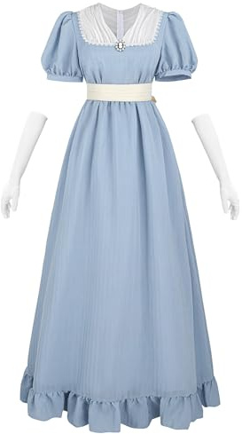 CR ROLECOS Abito vittoriano 19 secolo Regency abito donna scollo a V vita impero con guanti per tea party ballo, abito da sera, Azzurro, XXL