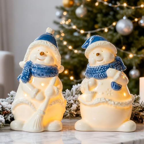 DN DECONATION Juego de 2 figuras de muñeco de nieve de cerámica con iluminación LED, decoración para invierno y Navidad en interiores, alféizar de ventana, mesa y estantería